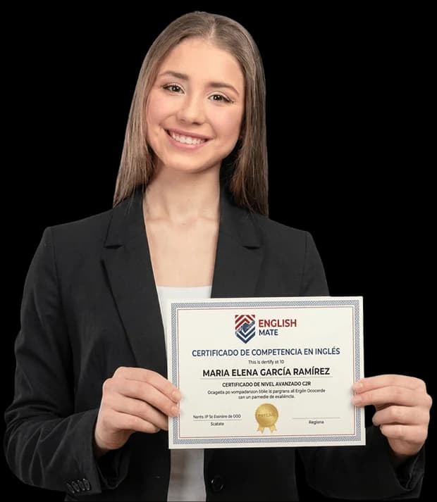 Estudiante mostrando su certificado de competencia en inglés de EnglishMate