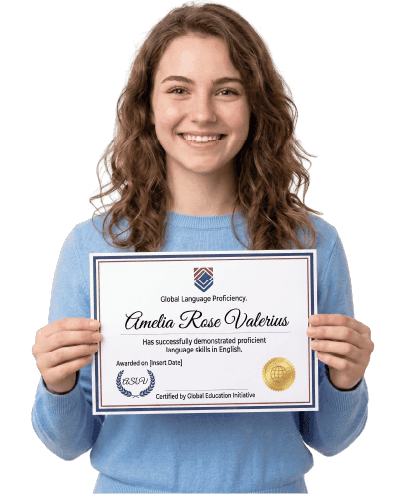 Estudiante de EnglishMate sosteniendo un certificado