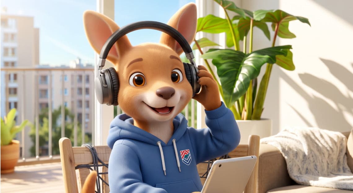 Mascota de EnglishMate con audífonos y tablet, lista para una clase virtual