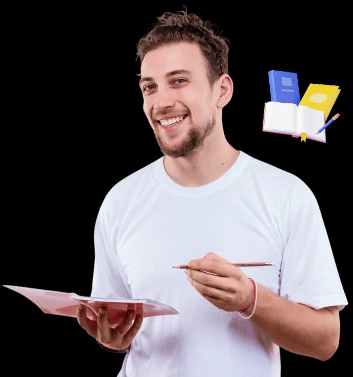 Estudiante sonriente con un cuaderno y un lápiz