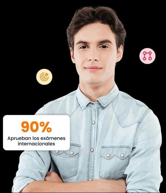Alumno de EnglishMate junto al mensaje: 90% aprueban los exámenes internacionales