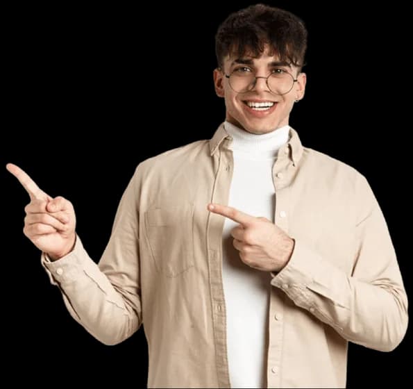 Estudiante señalando la invitación a aprender inglés