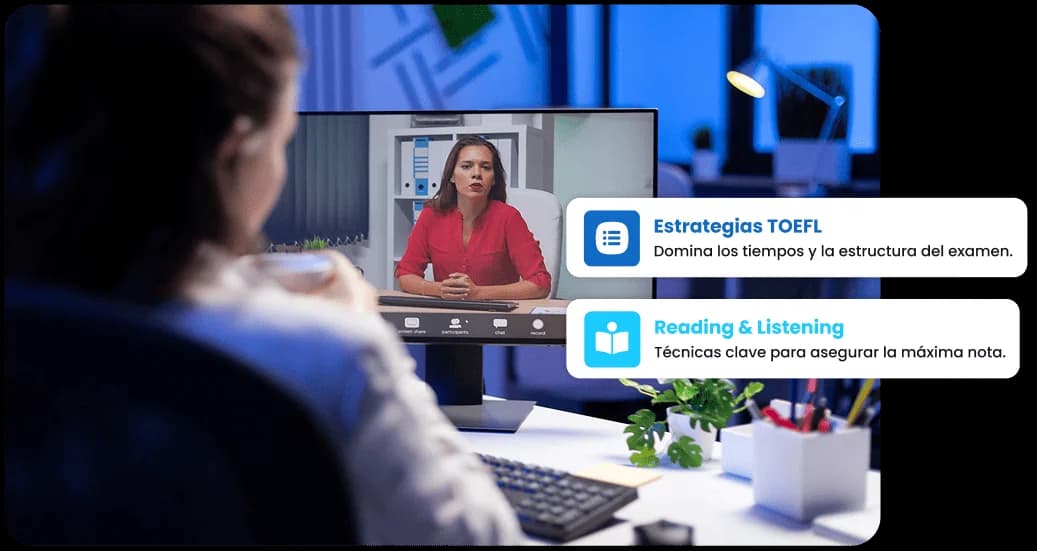 Estudiante en una sesión virtual con su profesora: estrategias TOEFL y práctica de Reading y Listening