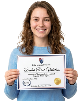 Estudiante de EnglishMate sosteniendo un certificado