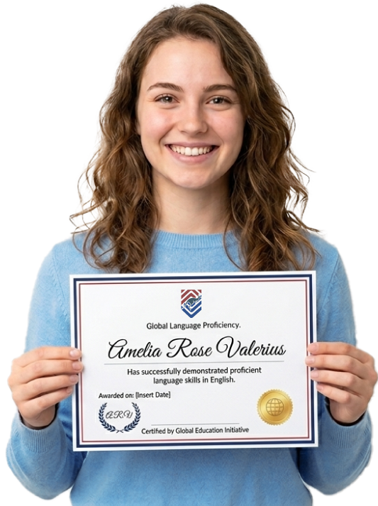 Alumna mostrando el certificado del curso de inglés