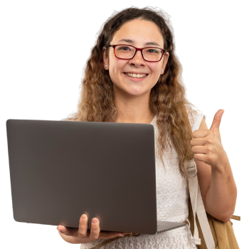 Alumna sosteniendo una laptop en la tarjeta de metodología
